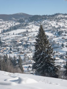 Karpatya dağlarında kış manzarası Karlı bir günde
