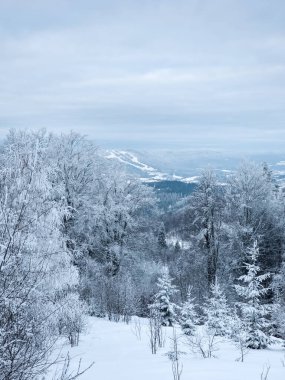 Karla kaplı dağlardan oluşan güzel kış manzarası. Karlı tepeler ve dağlarla kaplı kış manzarası
