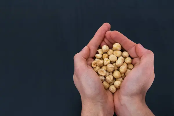 Elinde fındık tutan siyah arka plan ve kopyalama alanı olan biri.