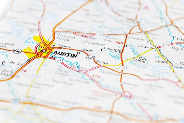 Austin Área Mapa Cidade Vista Macro Close Imagem De Stock