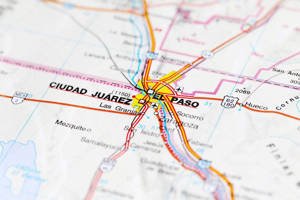 El Paso city road map area. Closeup macro view 