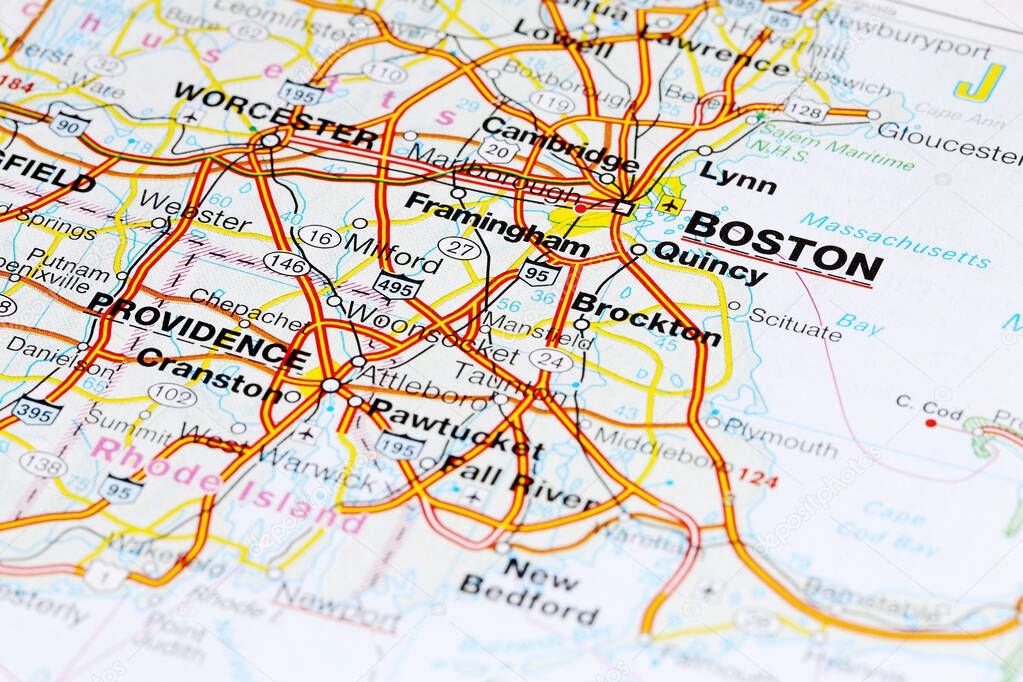 Boston city road map area. Closeup macro view 
