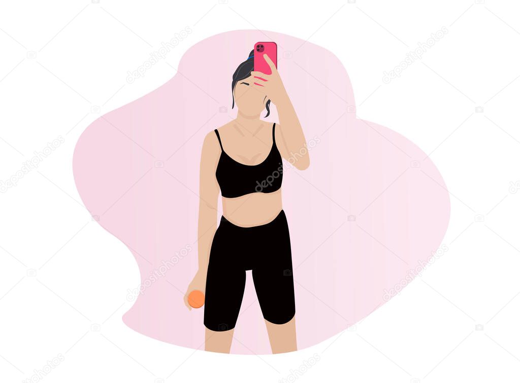 People using smartphones flat vector illustration. Women with phone cartoon character taking selfie, photo, online lesson, talking to friend, mobile internet, social media, blogger. After gym