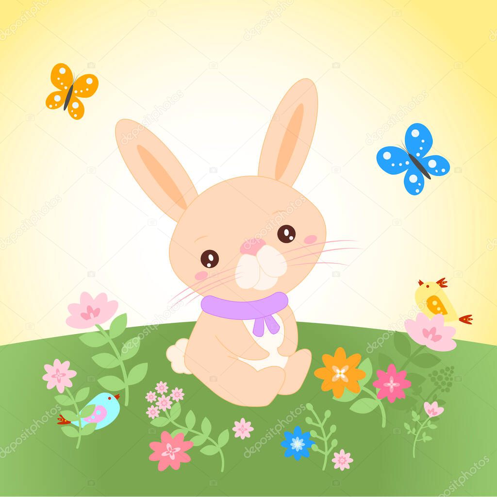 Happy Spring and Easter design of cute bunny/hare/rabbit among spring flowers