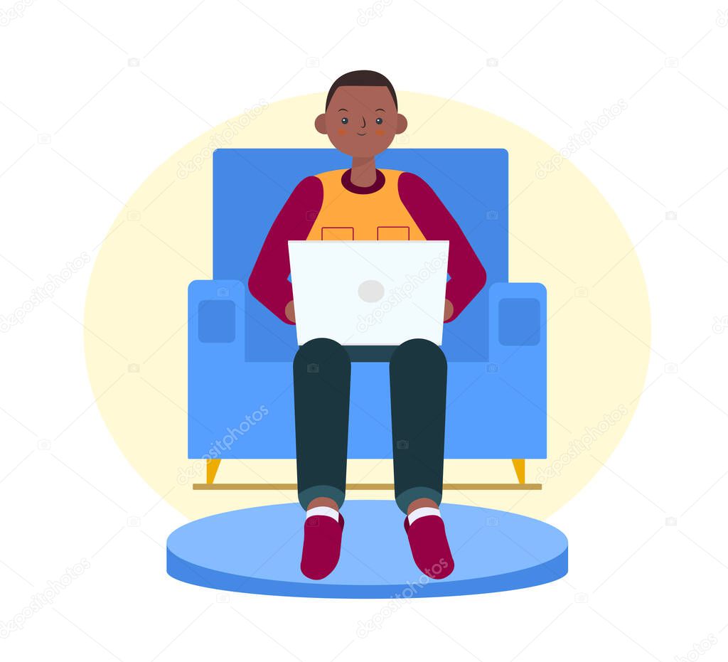 Cute African boy with laptop on the sofa. Freelancer or student concept. Illustration in flat style.