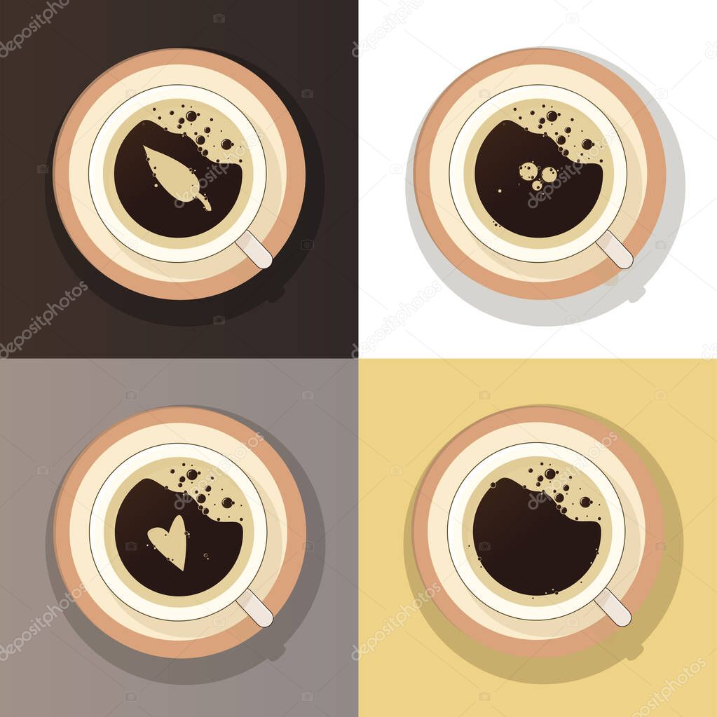 Coffee cup top view set vector isolated. Menu restraurant, cafe,  coffee shop. Drawing coffee foam. Cappuccino, americano, espresso, mocha, latte or  cocoa