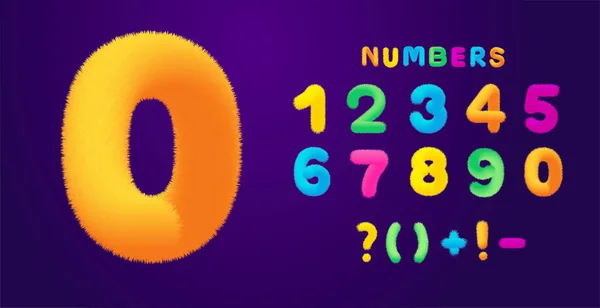 Childish Colorful Fluffy Numbers Set Design Vector Illustration Isolated Dark — Stock vektor