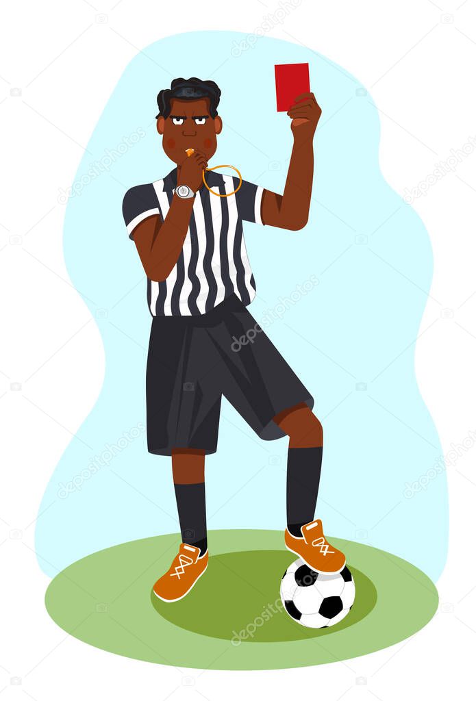 Whistling African American soccer referee showing stopping hand during match, human character vector illustration. Sport cartoon, football arbitrator, whistle icon soccer judge, football coach