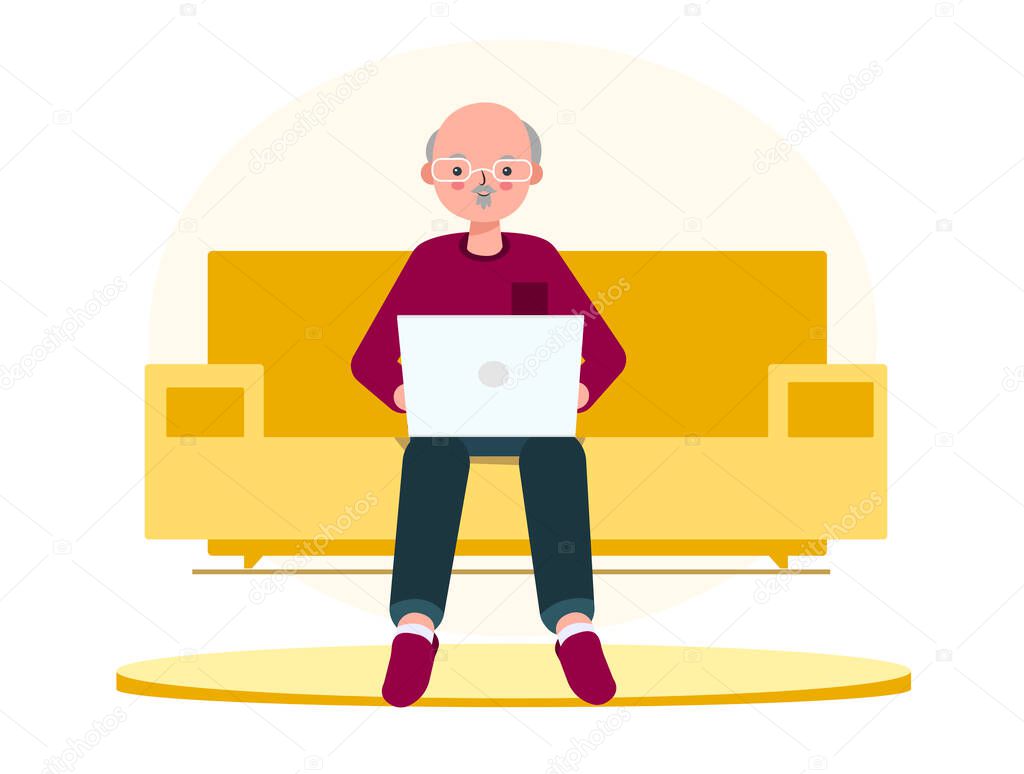 Old man or grandfather with laptop on the sofa. Illustration in flat style. Exploring new technologies. Online job