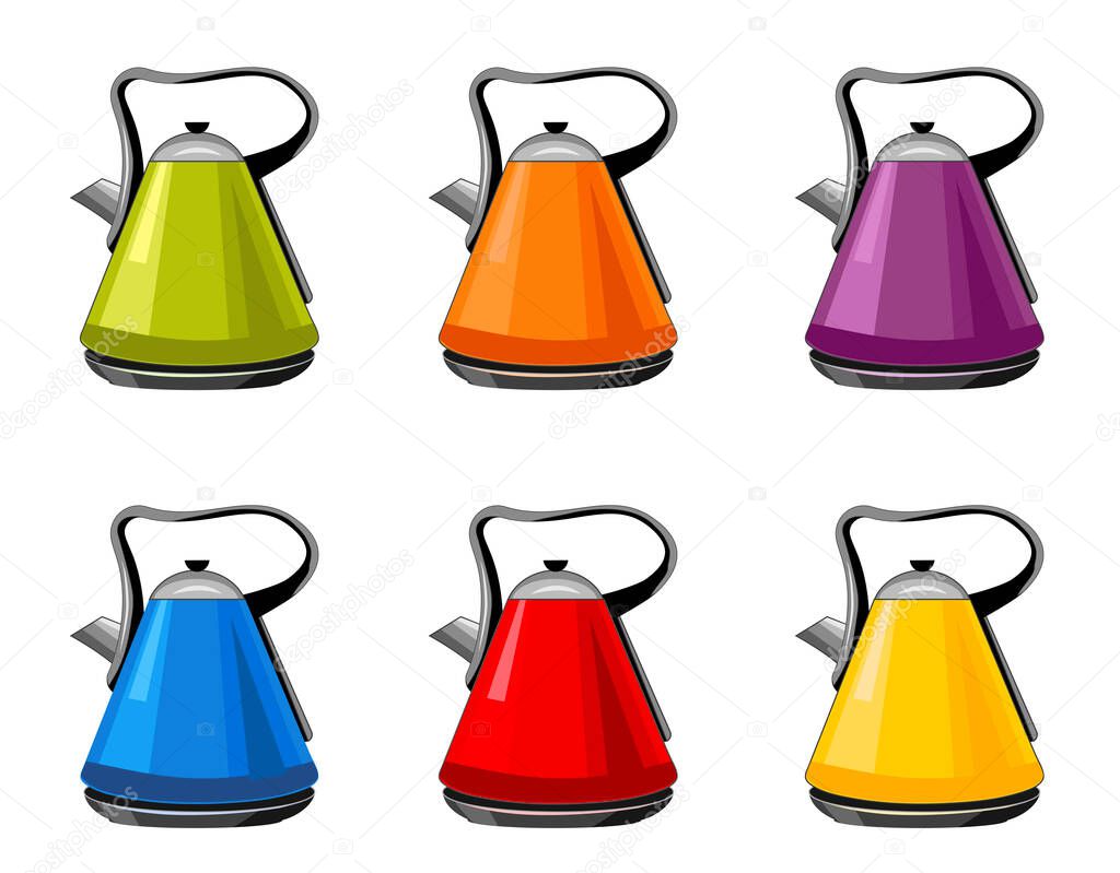 Modern , bright green, orange, purple, blue, red, yellow Kettles, electric teapots isolated cartoon flat set icons. For kitchen interior design