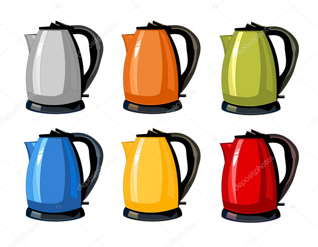 Modern, bright green, orange, silver, blue, red, yellow Kettles, electric teapots isolated cartoon flat set icons. For kitchen interior designHome appliance for boiling water.
