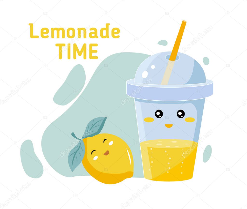 Glass and cocktail tube with lemonade or ice tea lemon slice and lemon vector illustration in a cartoon flat style KAWAI isolated on white background.