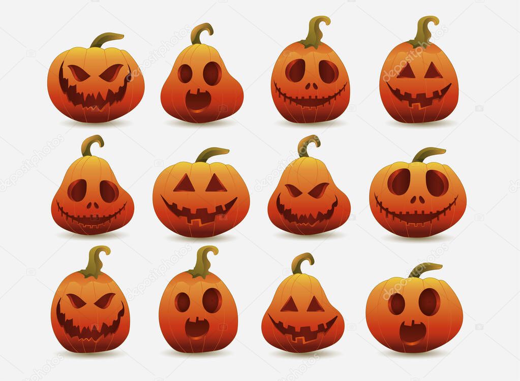 Set of halloween pumpkins, funny faces. Autumn holidays. Jack-o-lantern facial expressions.