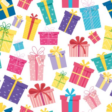 Seamless Pattern Christmas surprise boxes on white background. Set of gift boxes for holiday, sale. Present for your birthday, 14 February, New year, Christmas