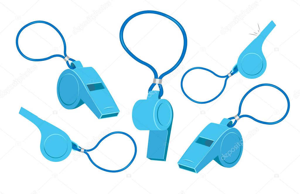 Blue plastic sport referee whistle vector icon set isolated on white background. Flat design cartoon style illustration. Sports sign, play game symbol, coach or trainer equipment.