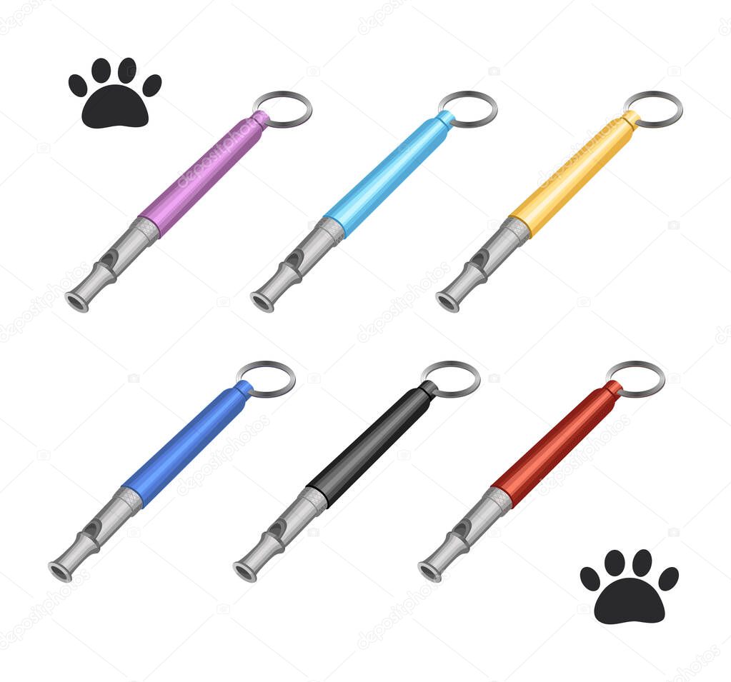 Whistle for dog training. Vector illustration. Isometric color set icons for web design isolated on white background