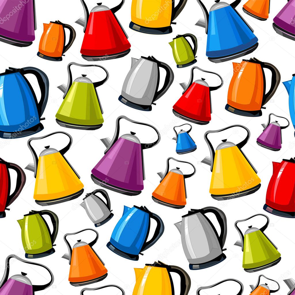 Pattern of modern, bright green, orange, silver, blue, red, yellow Kettles, electric teapots isolated cartoon flat set icons. For kitchen interior design Home appliance for boiling water.