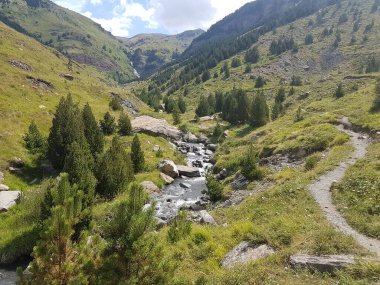 Pireneler 'deki Aran Vadisi' nin manzarası dağlar, taze çimenler ve şelaleler arasında..