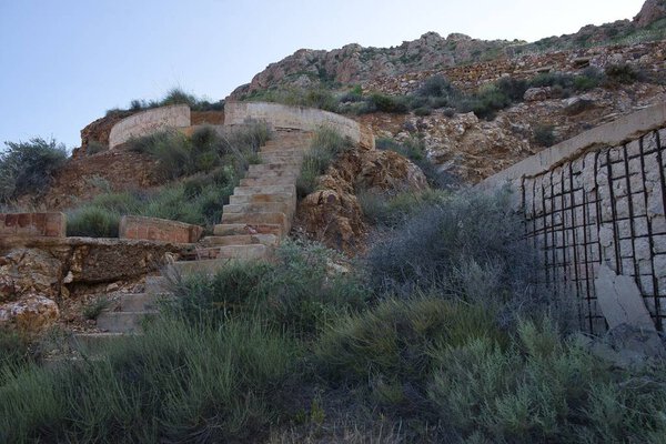 Old gold mines of Rodalquilar, Almeria province, Cabo de Gata Natural Park, Spain. Manufactures and buildings in ruins. Abandoned houses.