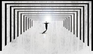 Beyazlar üzerinde izole edilmiş, etrafında siyah bir tasarım olan genç bir adamın minimum çekim görüntüsü..