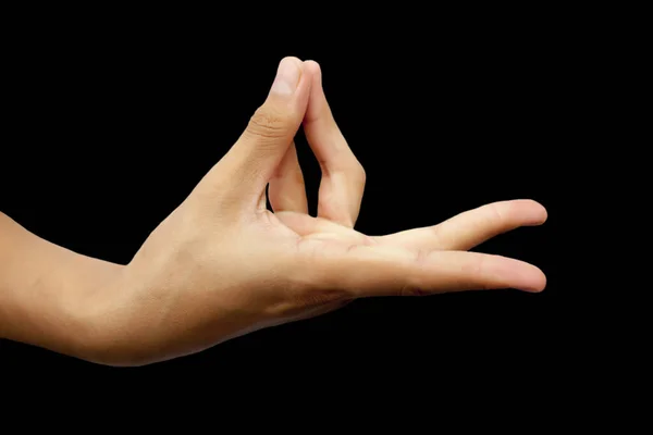 Tiro Uma Mão Masculina Demonstrando Prana Mudra Isolado Fundo Preto — Fotografia de Stock