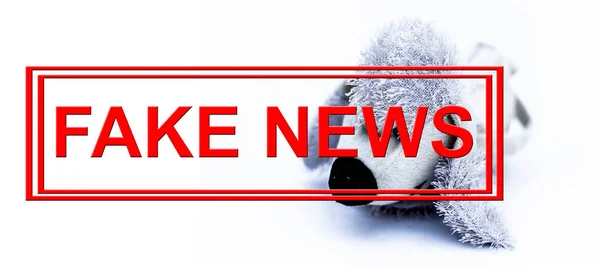 Aufnahme Eines Entzückenden Weißen Ausgestopften Hundes Mit Geschriebenen Fake News — Stockfoto