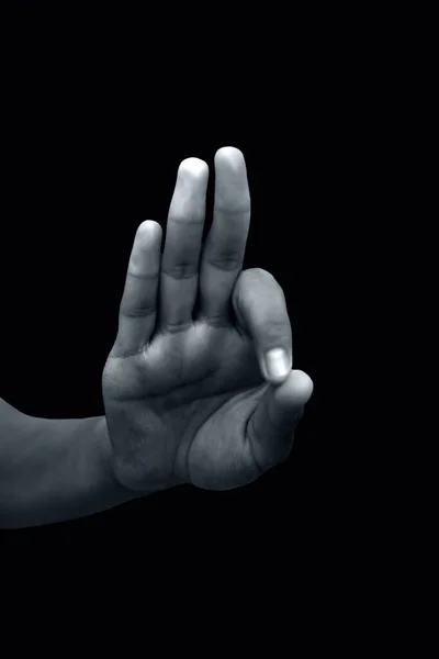 Lövés Egy Férfi Kéz Mutatja Gyan Mudra Elszigetelt Fekete Háttér — Stock Fotó