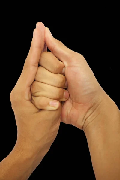 Tiro Manos Masculinas Haciendo Shankh Mudra Aislado Sobre Fondo Negro —  Fotos de Stock