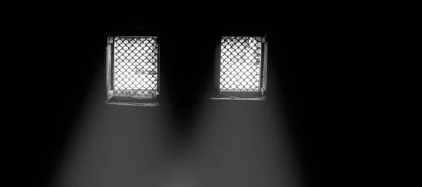 Cinematic Dark Mood Shot Windows Some Sunlight Coming Dark Room — Zdjęcie stockowe