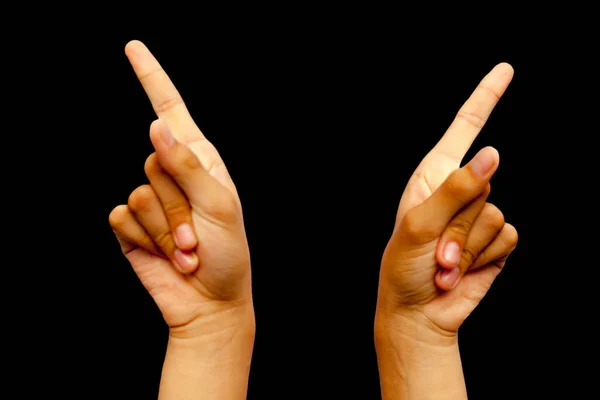 Tiro Mãos Demonstrando Suchi Mudra Isolado Fundo Preto — Fotografia de Stock