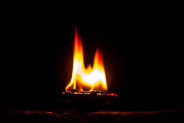 Close-up shot of burning Diva or divida or Diya or oil lamp isolated in dark.