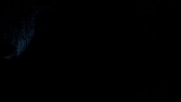 劇的な照明の中で長い黒いコートを着て階下に移動する女性のショット — ストック動画