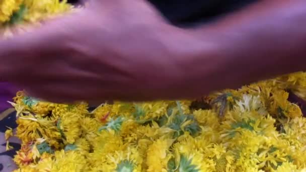 Stabiele Beelden Van Een Man Die Bloemenslinger Decoratieve Vlechtknoop Een — Stockvideo