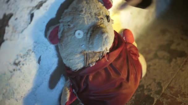 Shot Hands Man Long Coat Playing Stuffed Toy Man Playing — Stock Video