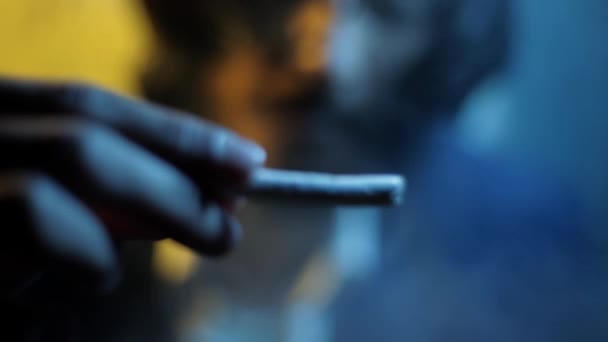 Close Shot Man Holding Cigarette Looking Dramatic Lighting High Quality — Stock Video