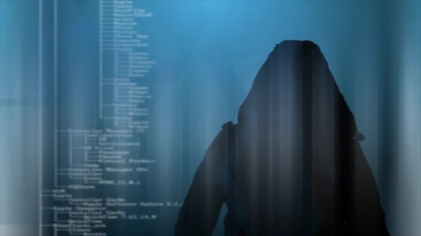 Hacker Konsepti Kapüşonlu Bir Kızın Arka Planda Çalışan Bir Dijital — Stok video