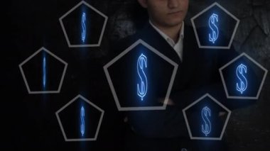 Gelişmiş teknoloji kullanan bir iş adamının fotoğrafı. Genç işadamı işinde fütüristik teknoloji kullanıyor, yüksek kaliteli 4K APPLE ProRes.