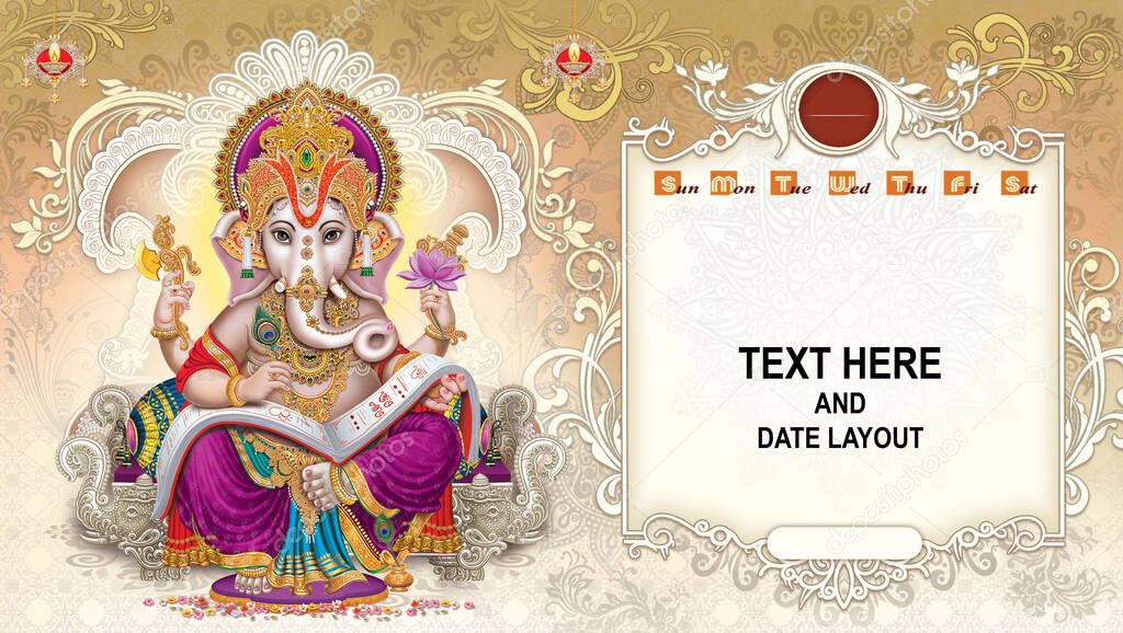 High-Resolution Indian Gods Lord Ganesha Digital Painting Calendar layout