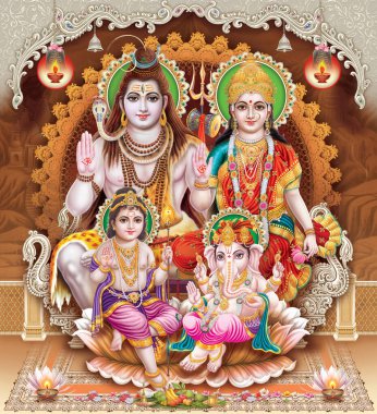 Küçük Ganesha ve Kartika ile Shiva Parvati Aile Fotoğrafı.