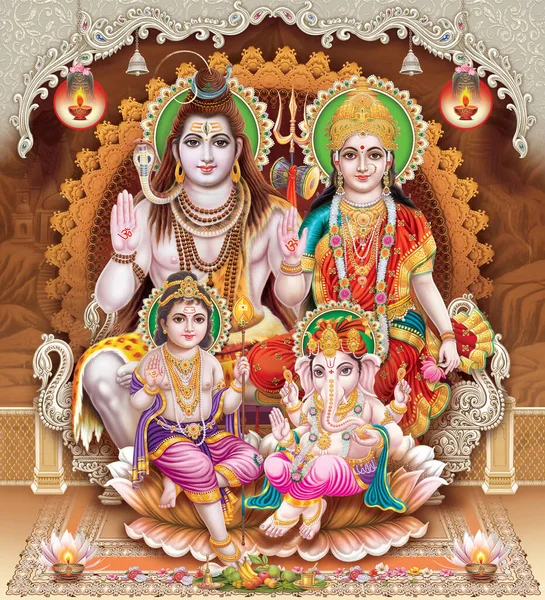 Shiva Parvati Family Picture Con Pequeña Ganesha Kartika — Foto de Stock