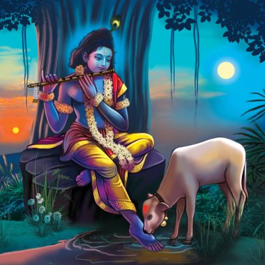 Lord Krishna 'nın elinde flütüyle nehrin kenarında bir buzağı..