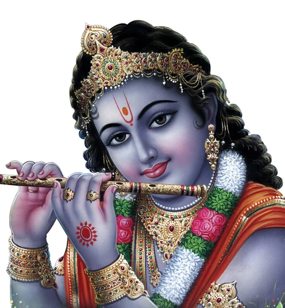 Indisk Gud Lord Krishna Med Sin Fløjte Gør Magiske Melodier - Stock-foto