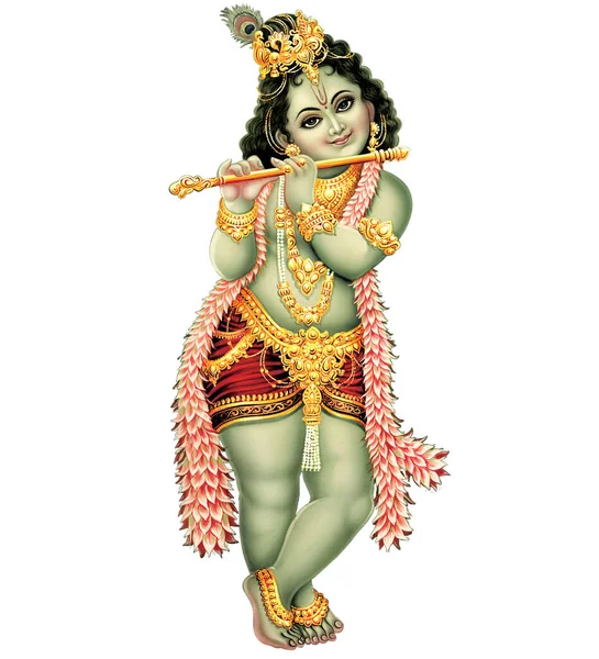 Indisk Gud Lord Krishna Med Sin Fløjte Gør Magiske Melodier - Stock-foto