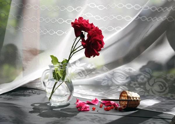Csendélet Egy Vázával Magányos Rózsa Virág — Stock Fotó