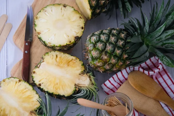 Fresh pineapples from the farm, come from the market, placed in the kitchen.