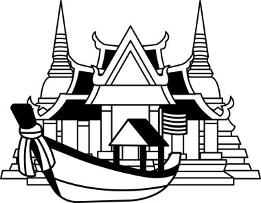 black and white Long tail boat in front of the temple