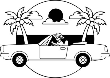 black and white illustration of a convertible car on a beach