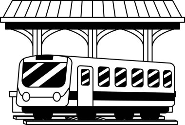black and white isolate illustration of a train is parked at a train station