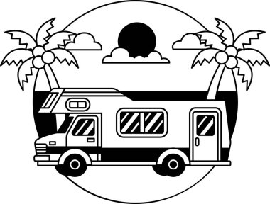 black and white isolate illustration of A camper van is parked on a beach