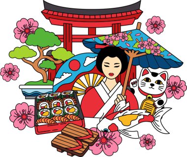 A woman holding an umbrella standing in front of torii gate with Japan elements